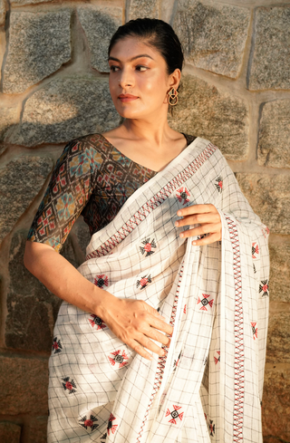 Floral Check Linen Saree