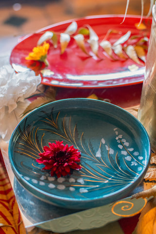 Fern & White Flower - Medium Chaat Urli - Pond Blue