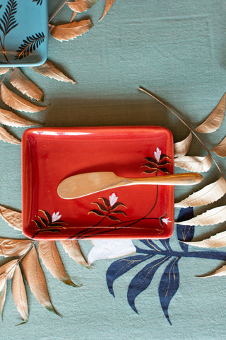 White Flower - Rectangular Tapas Plate - Red